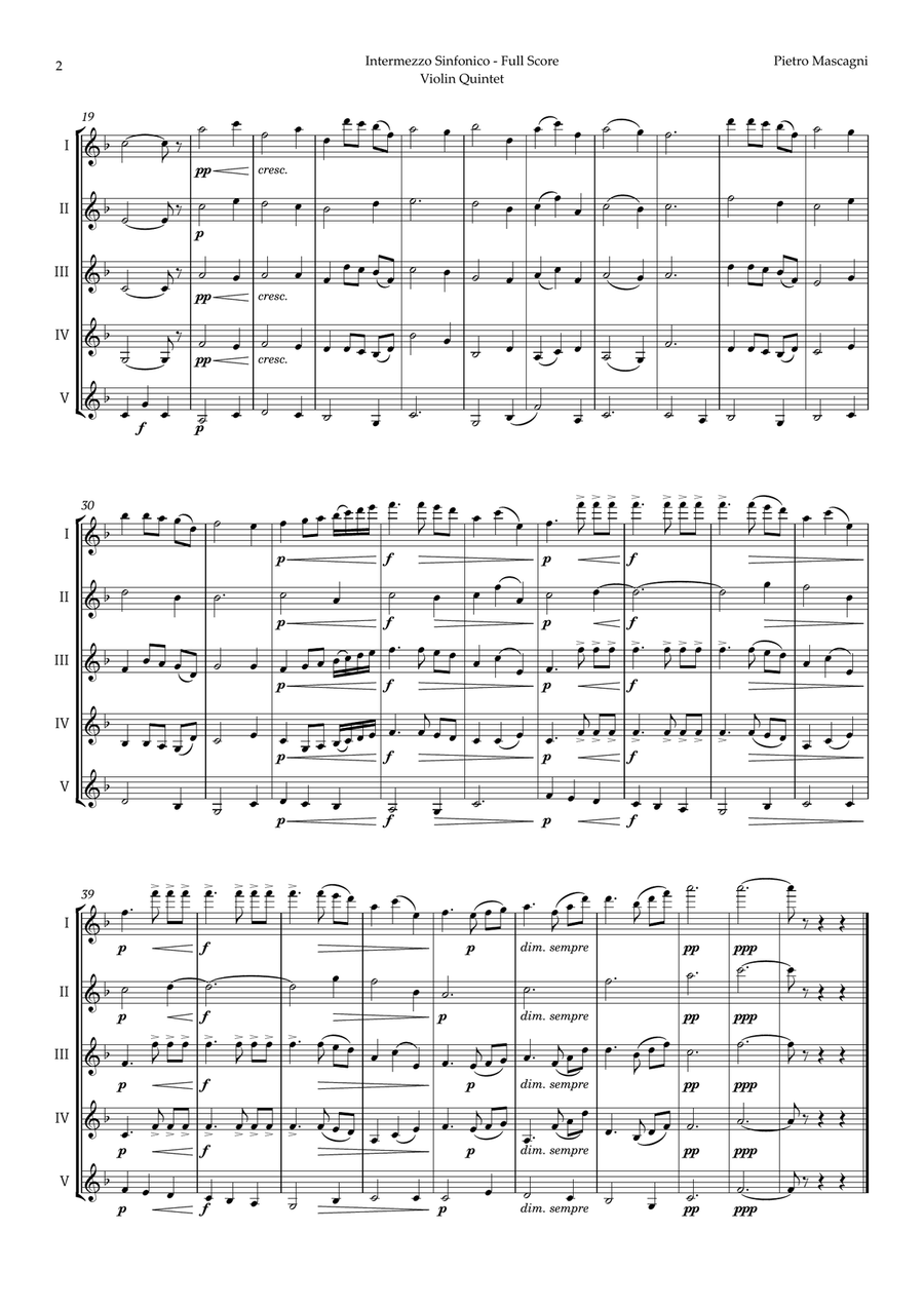 Intermezzo Sinfonico by Pietro Mascagni for Violin Quintet String Quintet scores gallery preview page 2