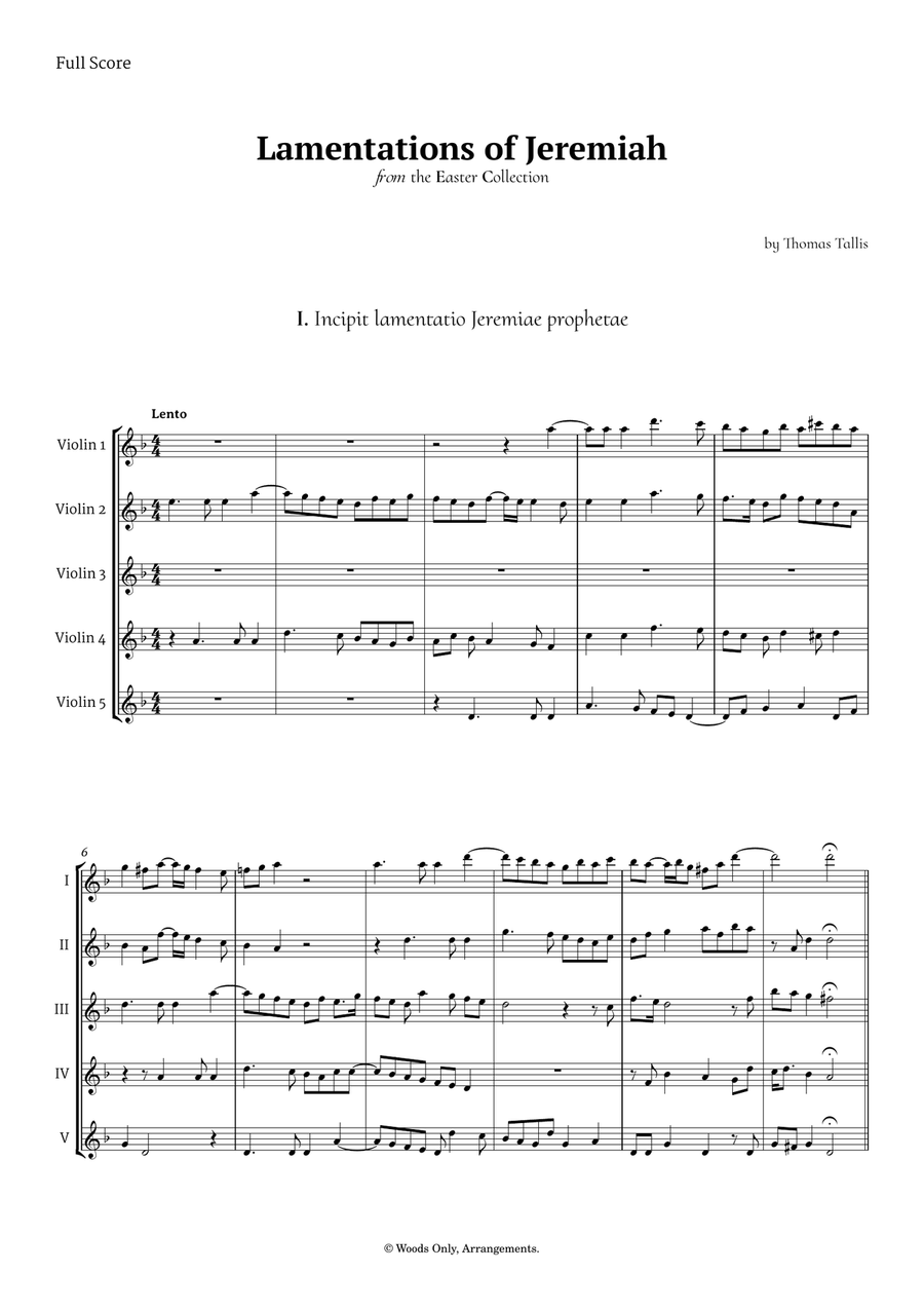 Lamentations of Jeremiah by Thomas Tallis for Violin Quintet String Quintet scores gallery preview page 1
