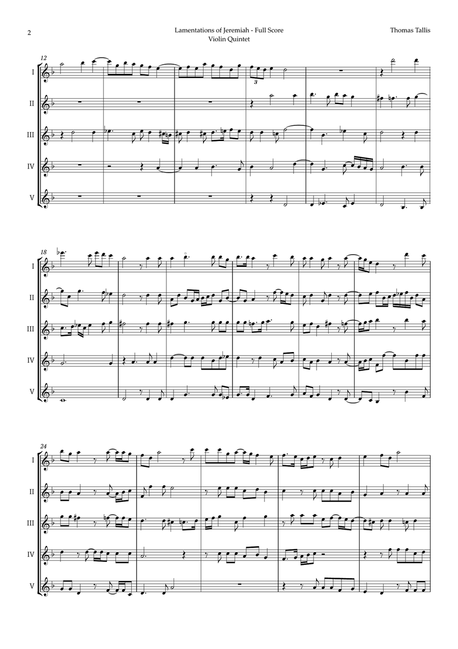 Lamentations of Jeremiah by Thomas Tallis for Violin Quintet String Quintet scores gallery preview page 2