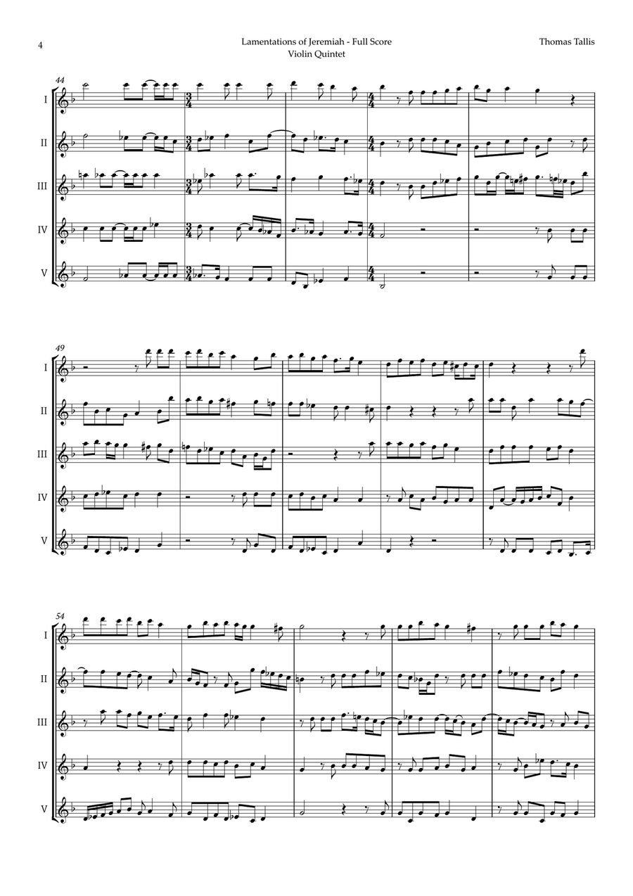 Lamentations of Jeremiah by Thomas Tallis for Violin Quintet String Quintet scores gallery preview page 4