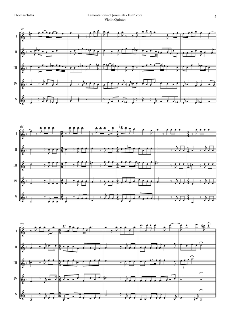 Lamentations of Jeremiah by Thomas Tallis for Violin Quintet String Quintet scores gallery preview page 5