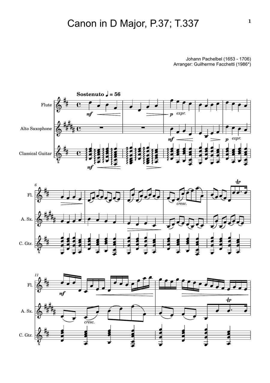 Canon in D Major, P.37; T.337. Flute, A. Sax and Guitar. Score and Parts Chamber Music scores gallery preview page 1