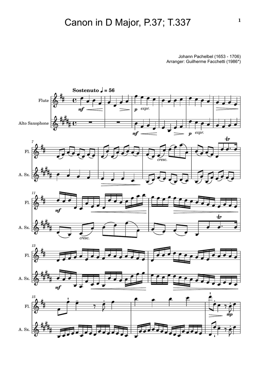 Canon in D Major, P.37; T.337. Flute and A. Sax. Woodwind Duet scores gallery preview page 1