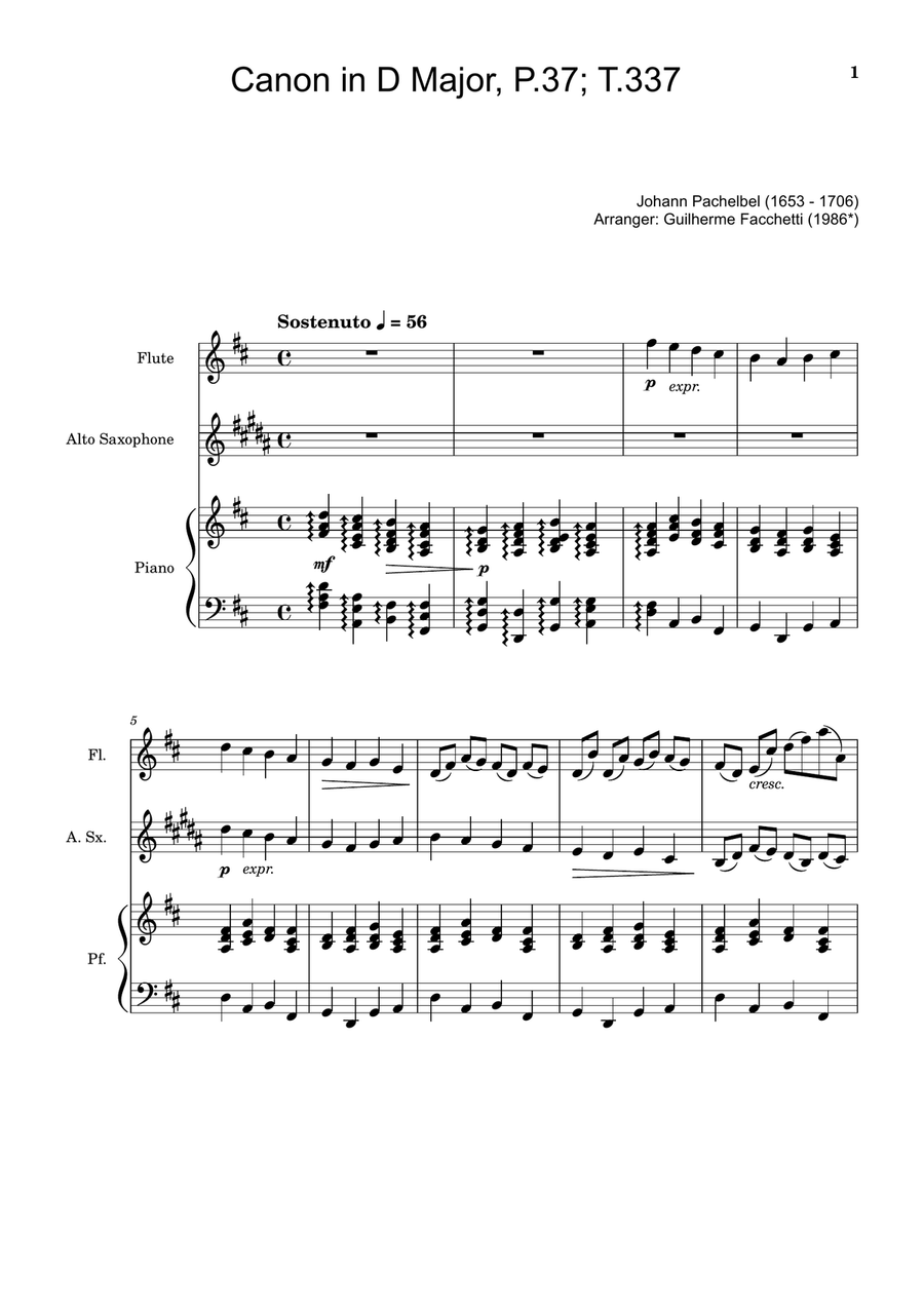Canon in D Major, P.37; T.337. Flute, A. Sax and Piano. Score and Parts Woodwind Duet scores gallery preview page 1