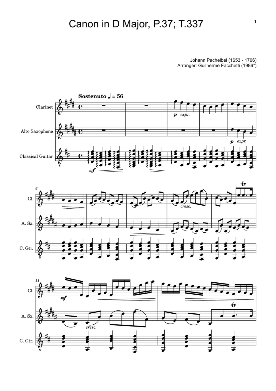 Canon in D Major, P.37; T.337. Clarinet, A. Sax and Guitar. Score and Parts Chamber Music scores gallery preview page 1
