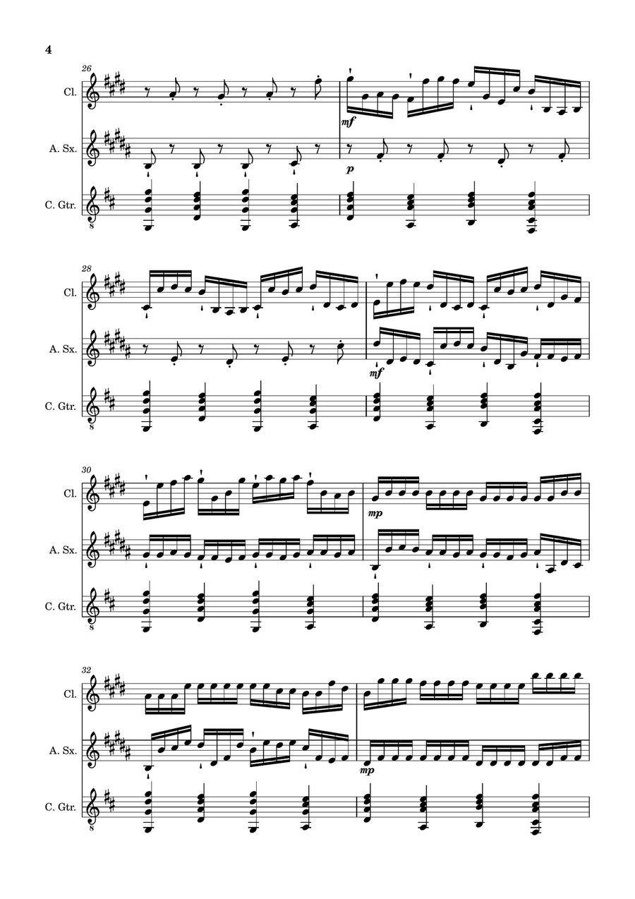 Canon in D Major, P.37; T.337. Clarinet, A. Sax and Guitar. Score and Parts Chamber Music scores gallery preview page 4