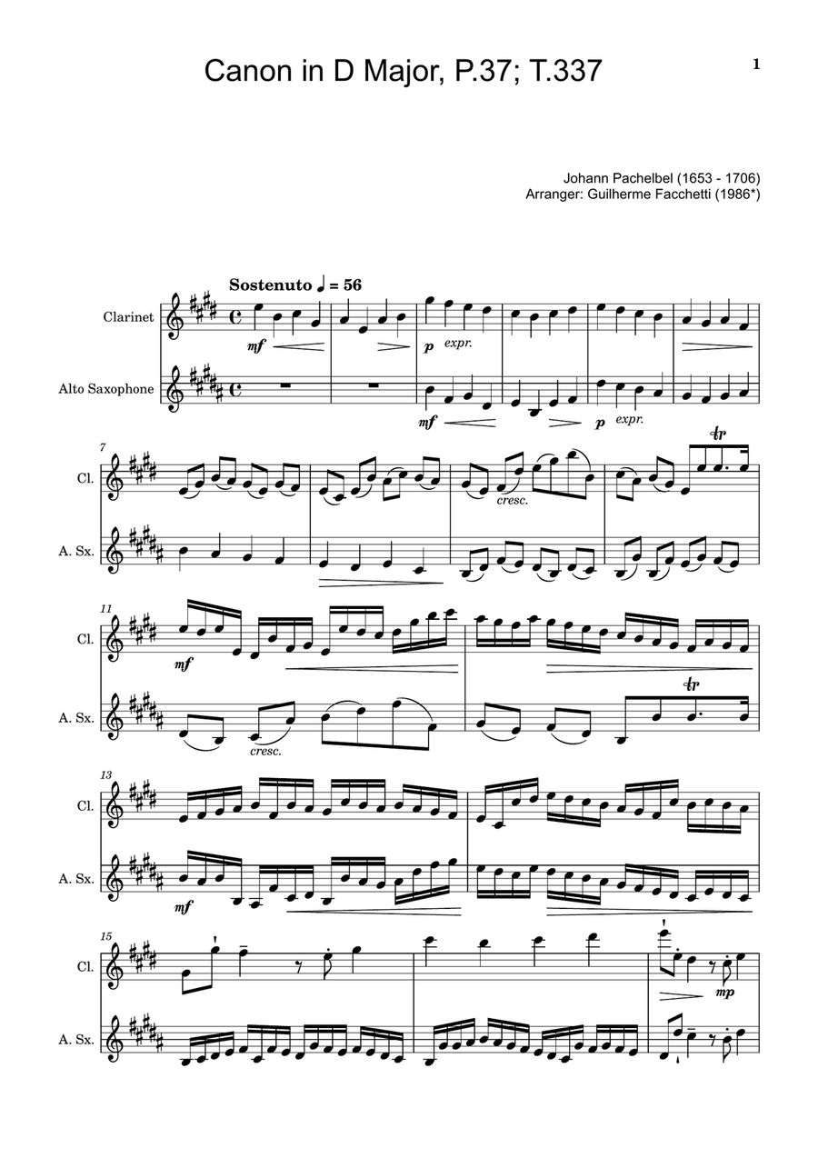 Canon in D Major, P.37; T.337. Clarinet and Alto Sax. Woodwind Duet scores gallery preview page 1
