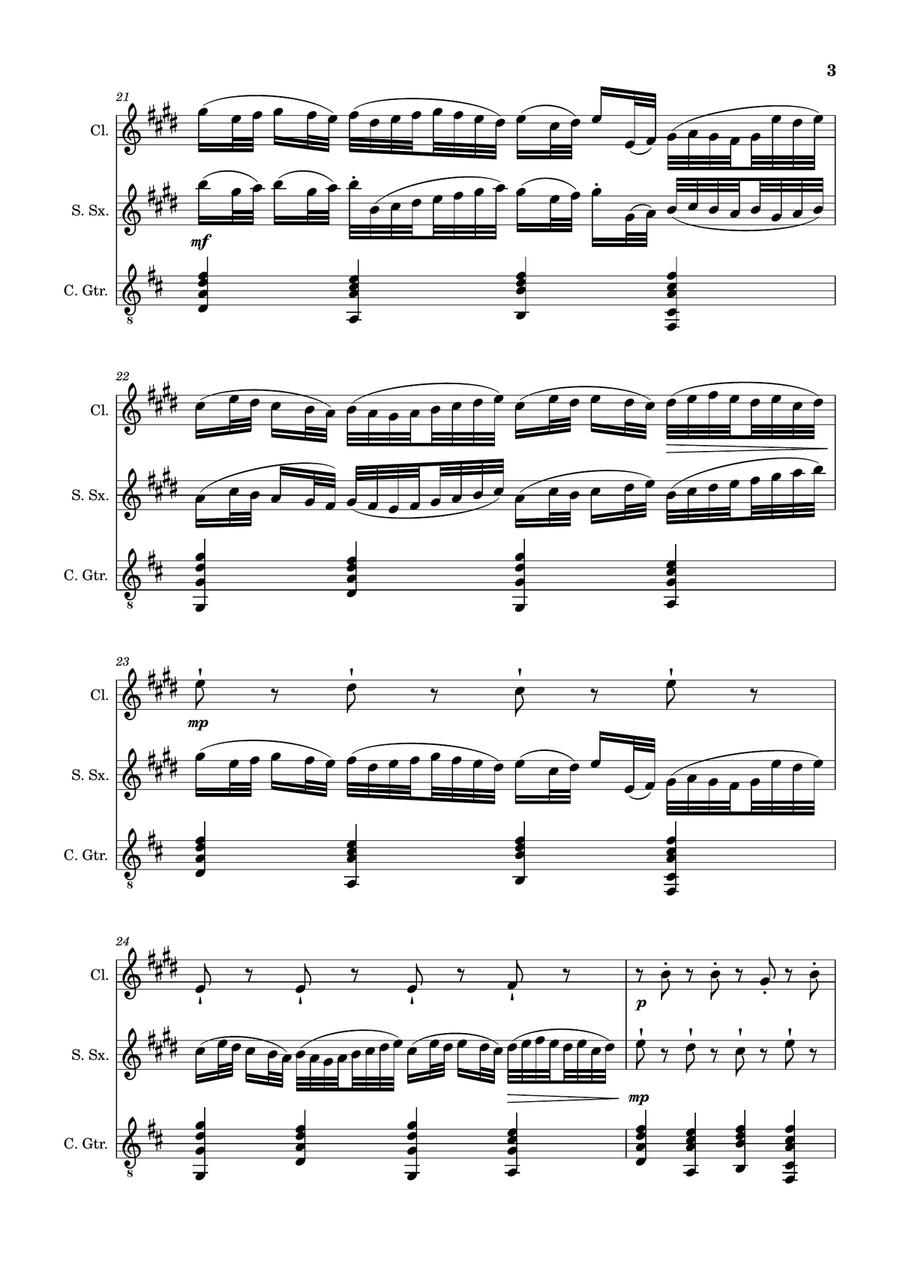 Canon in D Major, P.37; T.337. Clarinet, S. Sax and Guitar. Score and Parts Chamber Music scores gallery preview page 3
