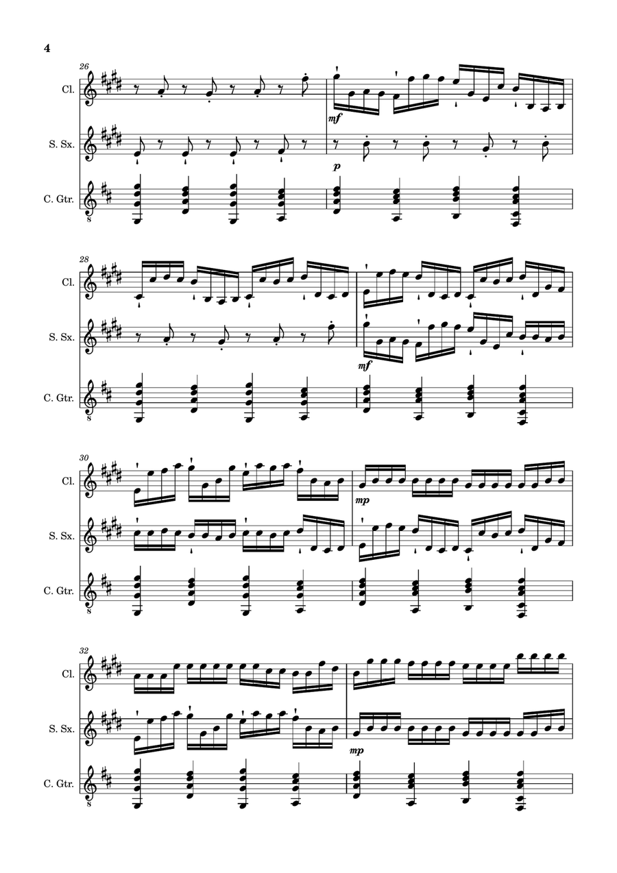 Canon in D Major, P.37; T.337. Clarinet, S. Sax and Guitar. Score and Parts Chamber Music scores gallery preview page 4