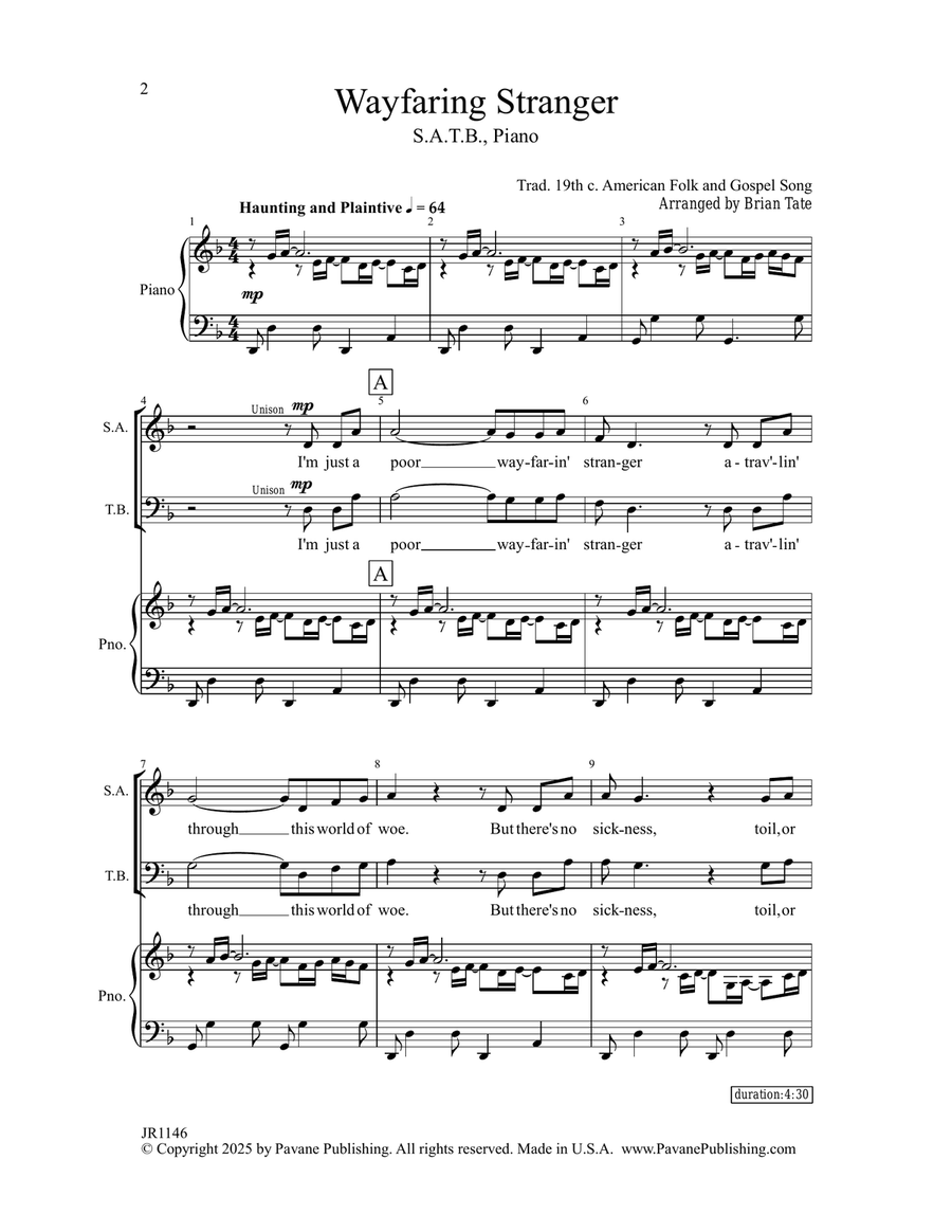 Wayfaring Stranger (arr. Brian Tate) 4-Part scores gallery preview page 1