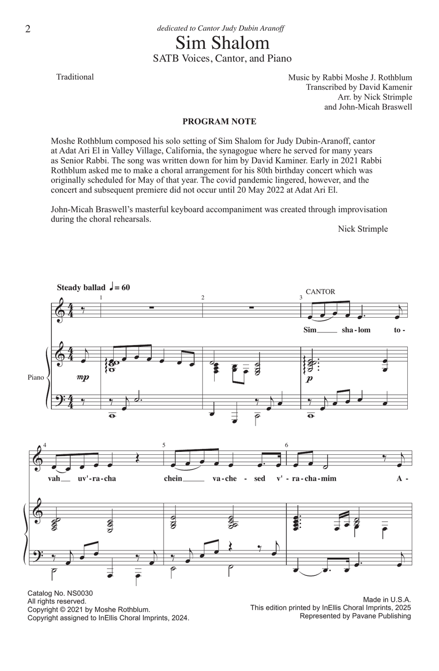 Sim Shalom (arr. Nick Strimple and John-Micah Braswell) 4-Part scores gallery preview page 1