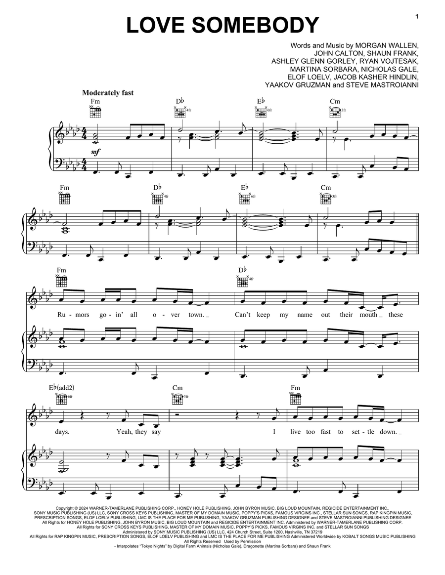 Love Somebody Love Somebody Piano, Vocal, Guitar scores gallery preview page 1