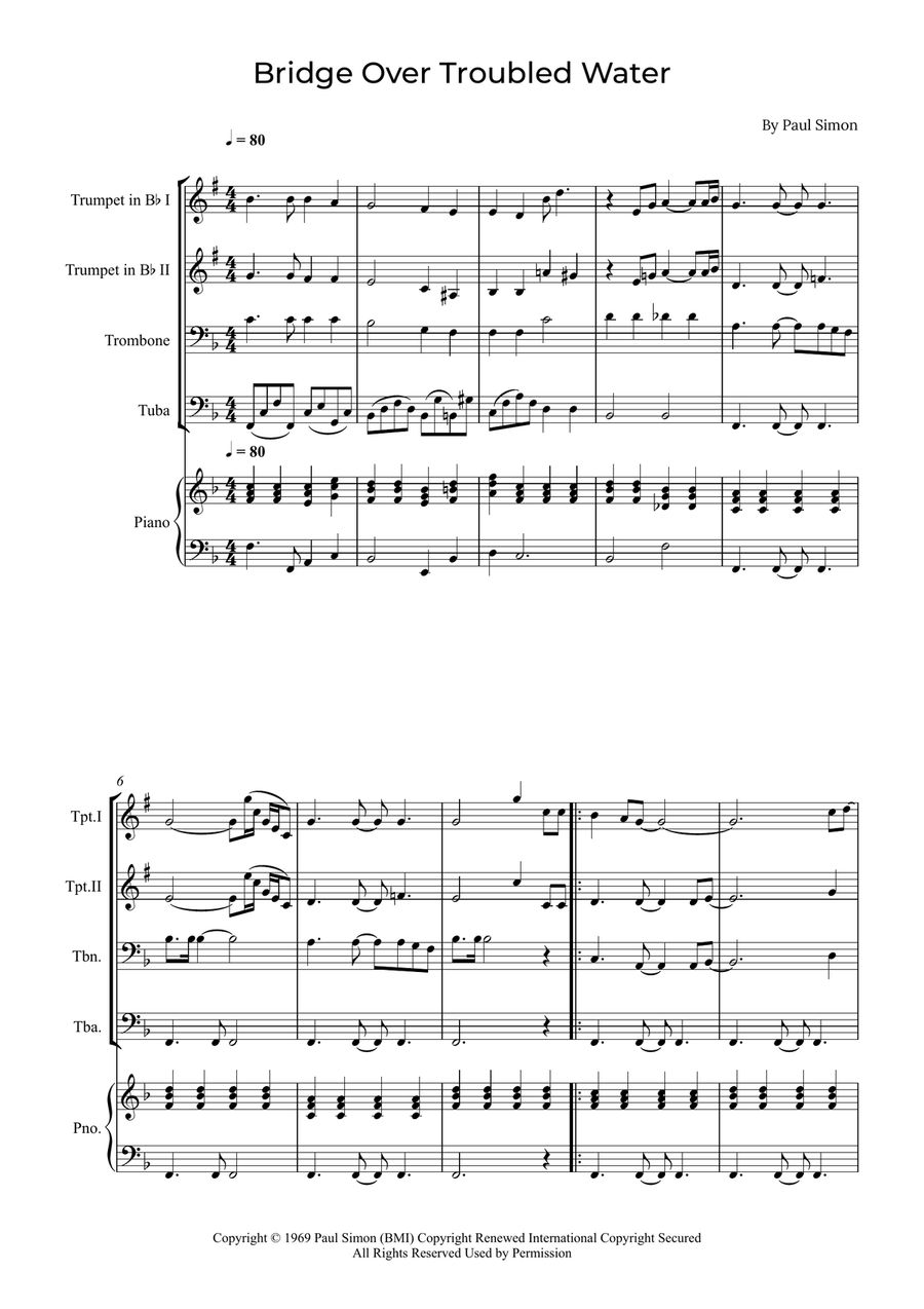 Bridge Over Troubled Water Brass Quartet scores gallery preview page 1