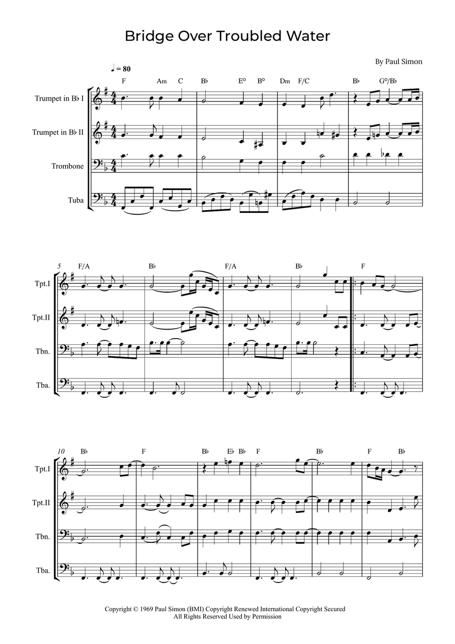 Bridge Over Troubled Water Brass Quartet scores gallery preview page 1