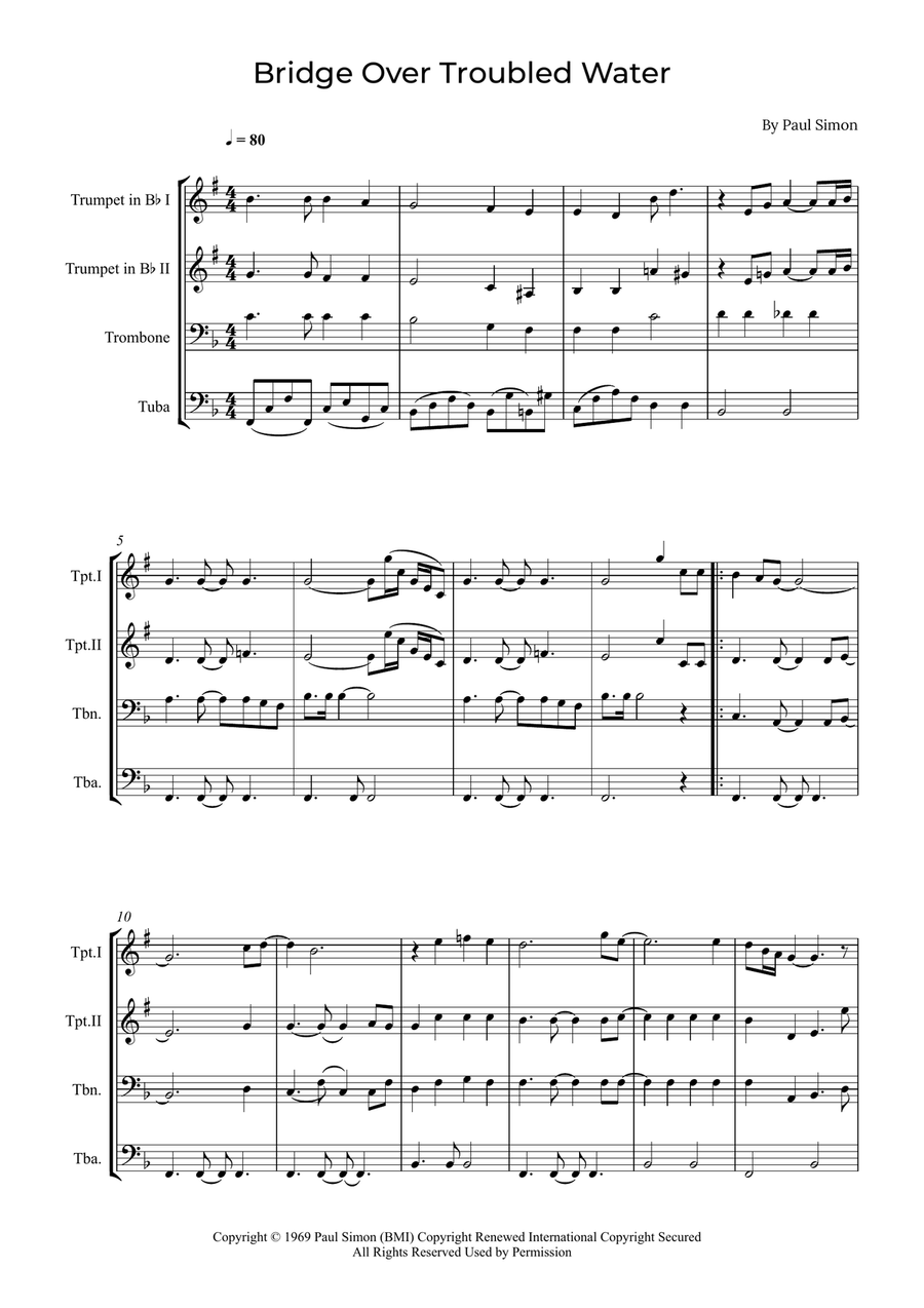 Bridge Over Troubled Water Brass Quartet scores gallery preview page 1