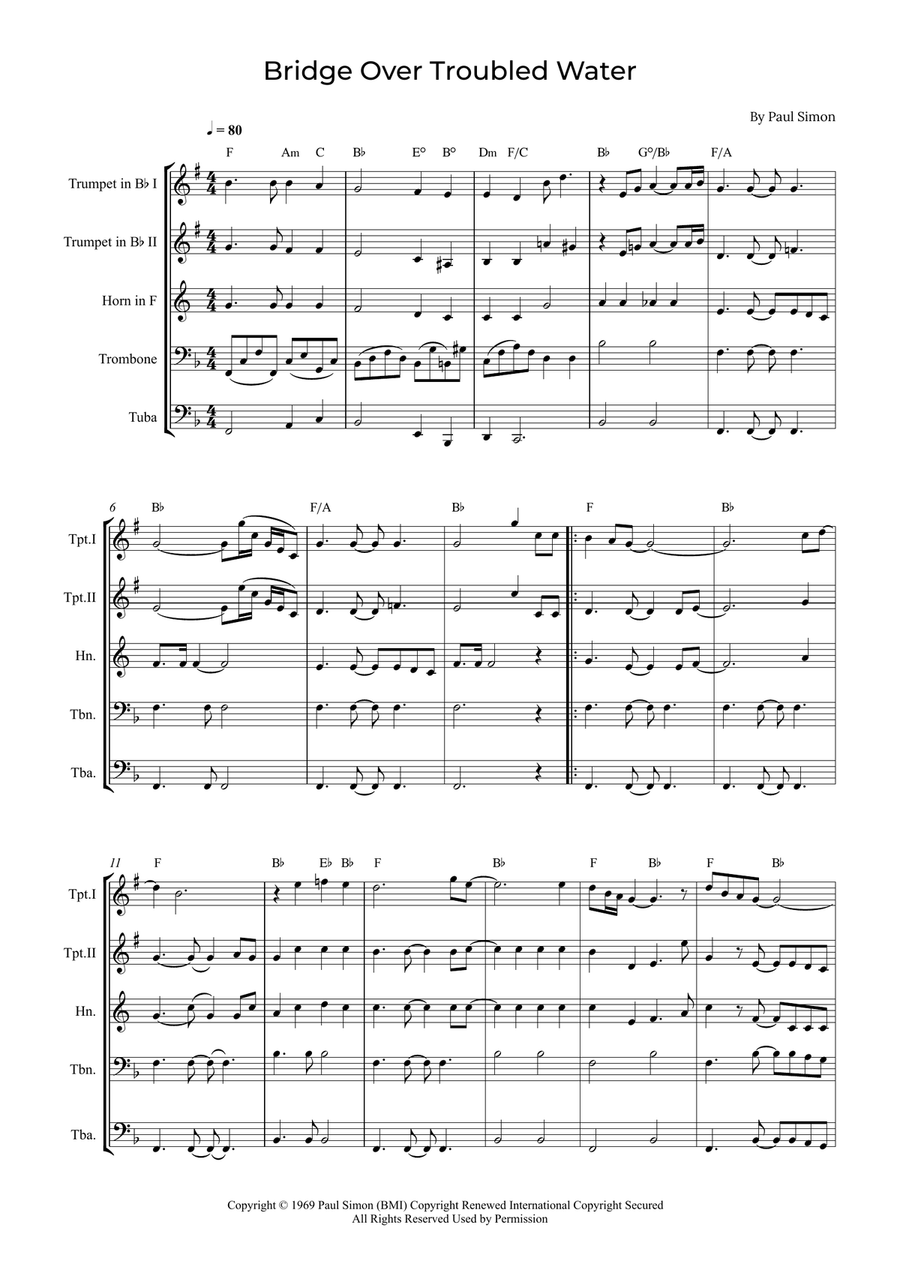 Bridge Over Troubled Water Brass Quintet scores gallery preview page 1