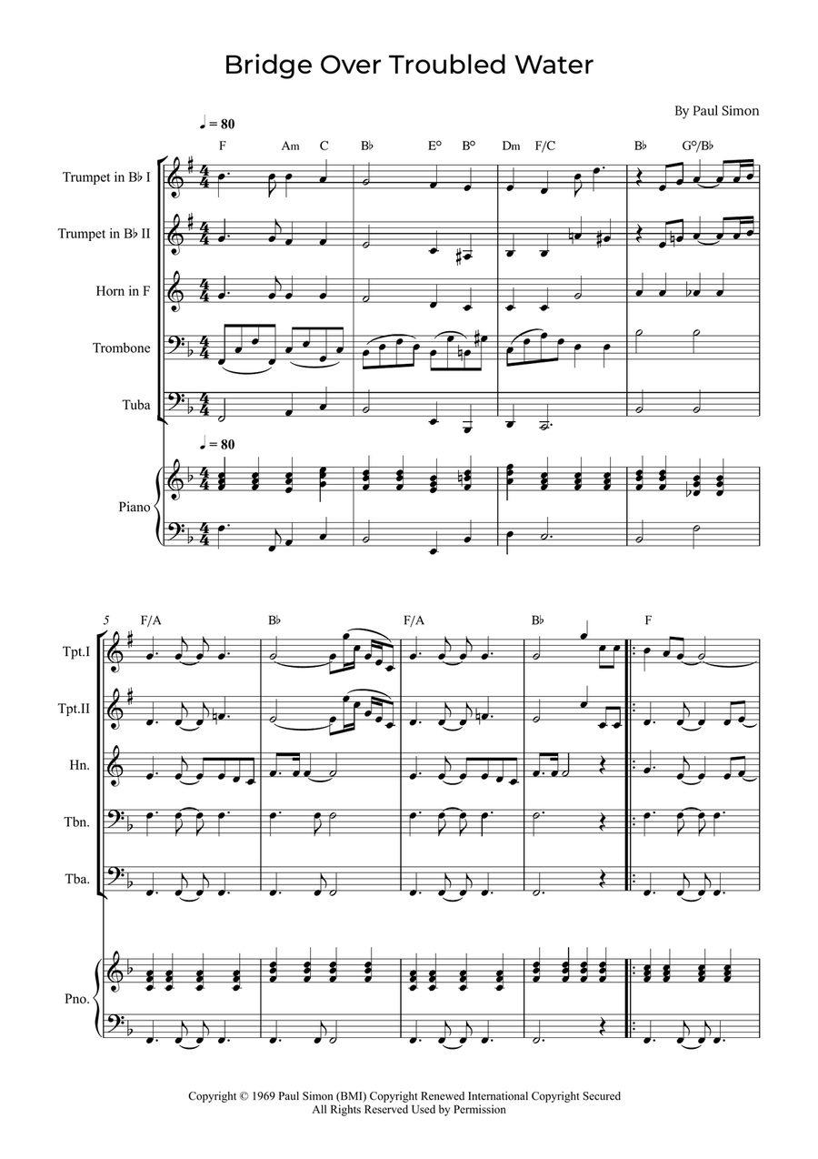 Bridge Over Troubled Water Brass Quintet scores gallery preview page 1
