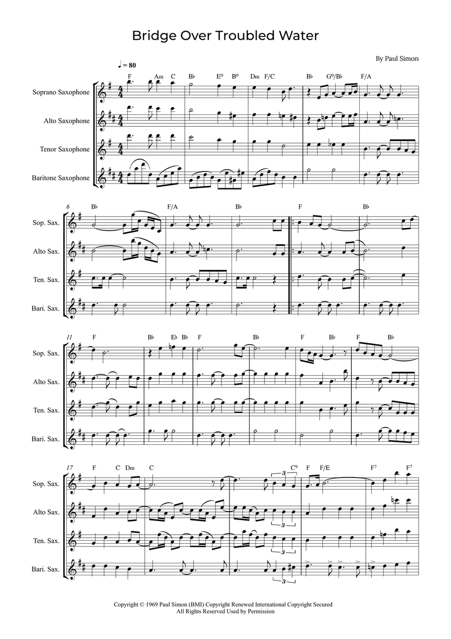 Bridge Over Troubled Water Saxophone Quartet scores gallery preview page 1