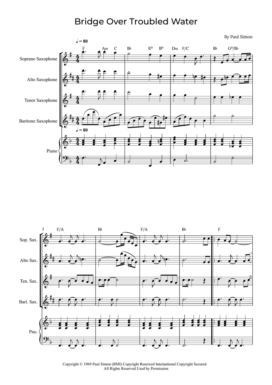 Bridge Over Troubled Water Saxophone Quartet scores gallery preview page 1