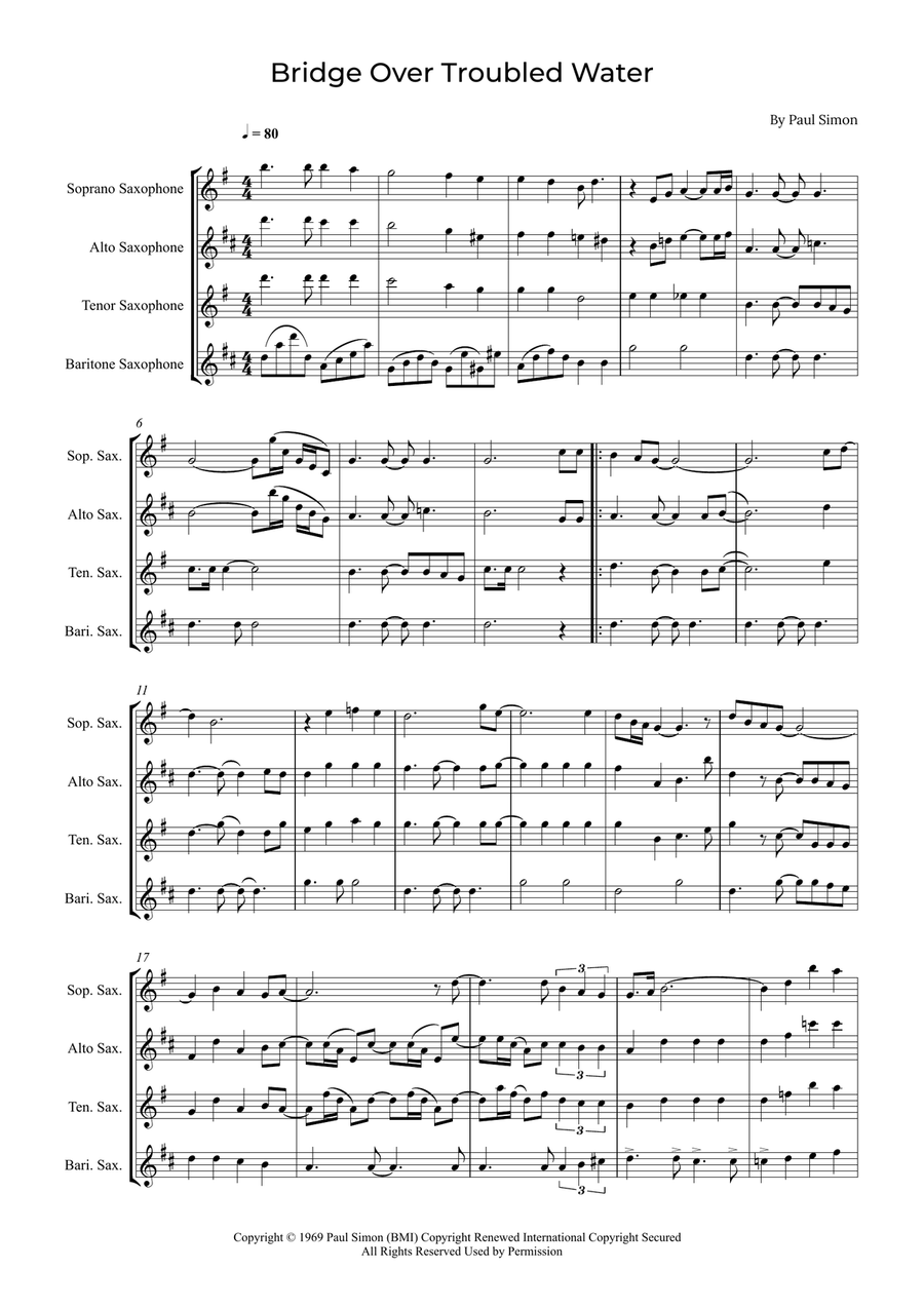 Bridge Over Troubled Water Saxophone Quartet scores gallery preview page 1