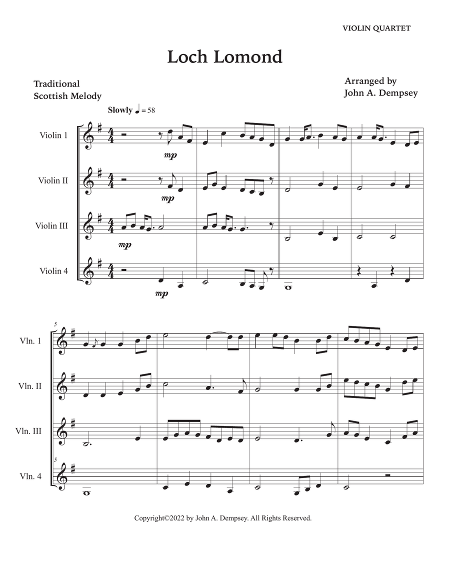 Loch Lomond (Violin Quartet) String Quartet scores gallery preview page 5