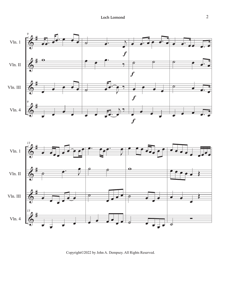 Loch Lomond (Violin Quartet) String Quartet scores gallery preview page 6