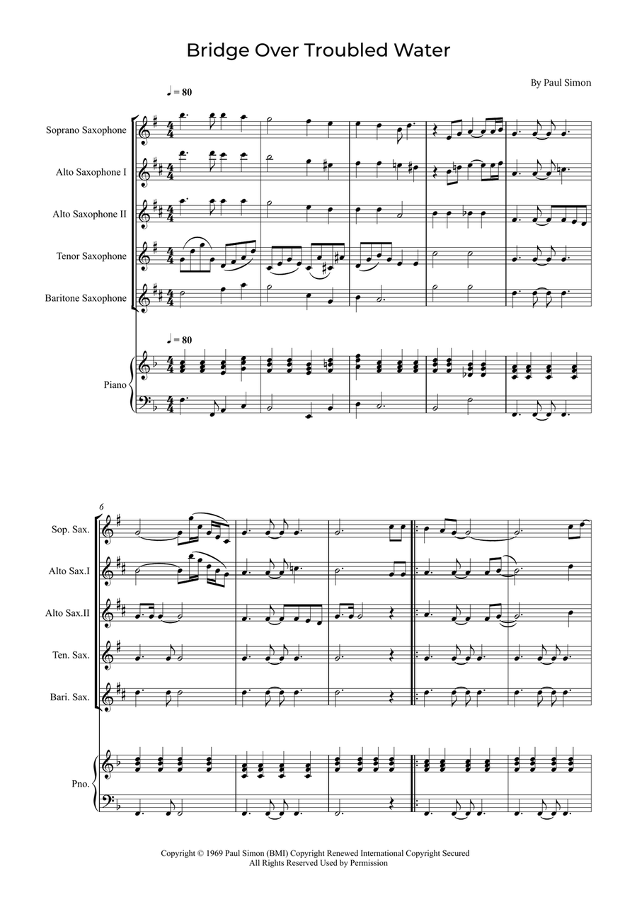 Bridge Over Troubled Water Saxophone Quintet scores gallery preview page 1