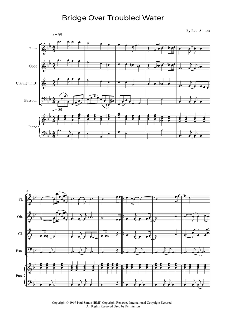 Bridge Over Troubled Water Woodwind Quartet scores gallery preview page 1