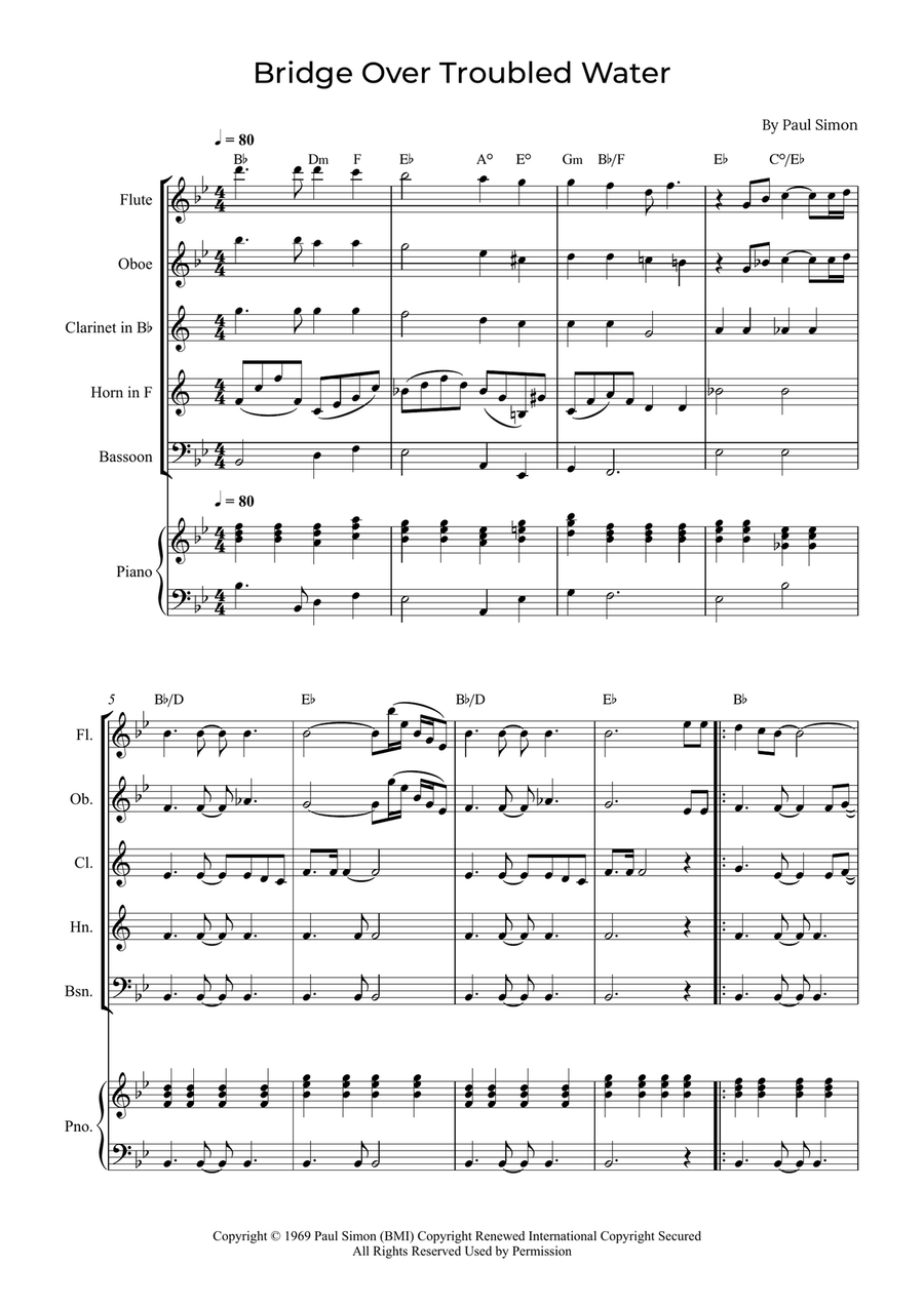 Bridge Over Troubled Water Woodwind Quintet scores gallery preview page 1