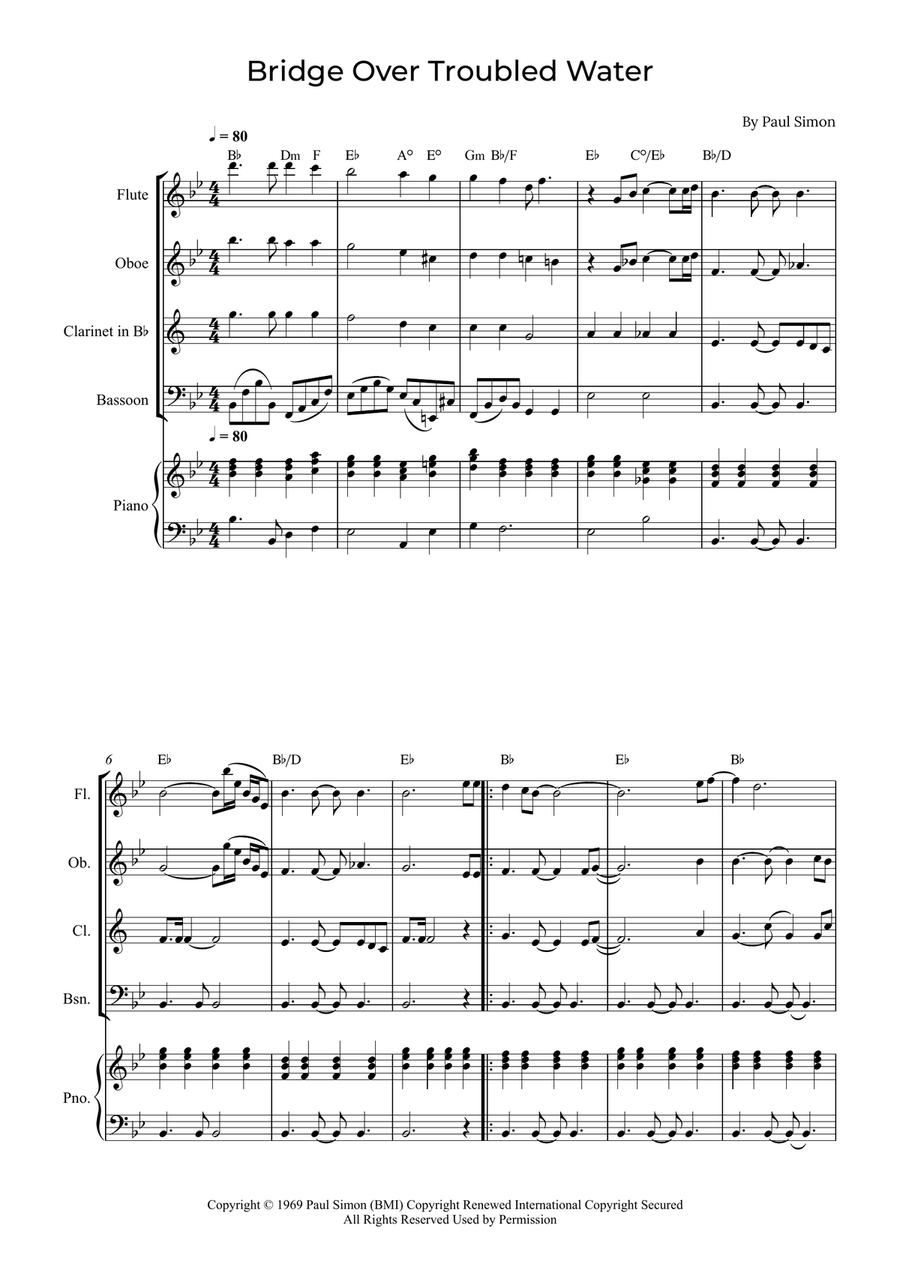 Bridge Over Troubled Water Woodwind Quartet scores gallery preview page 1