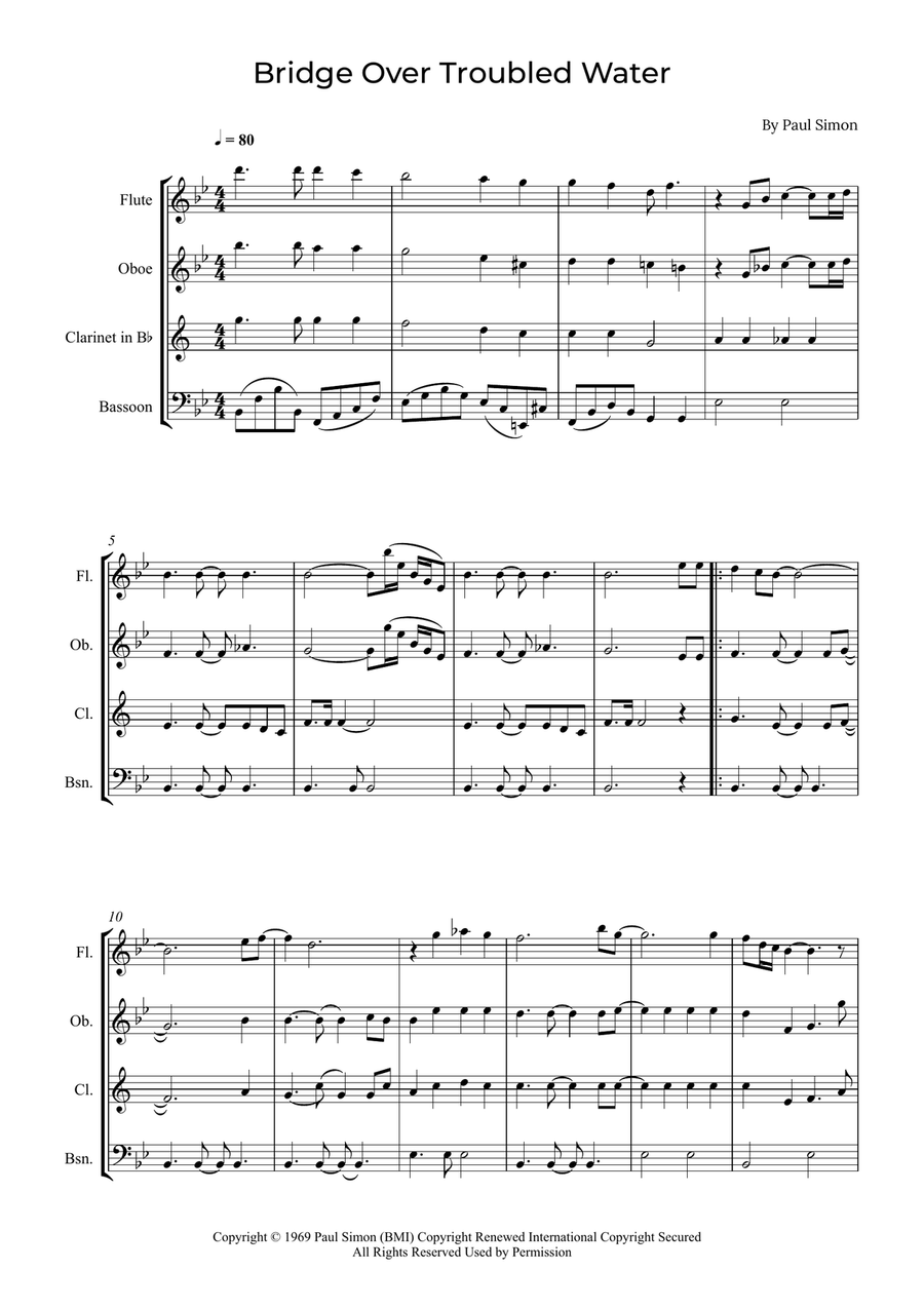 Bridge Over Troubled Water Woodwind Quartet scores gallery preview page 1