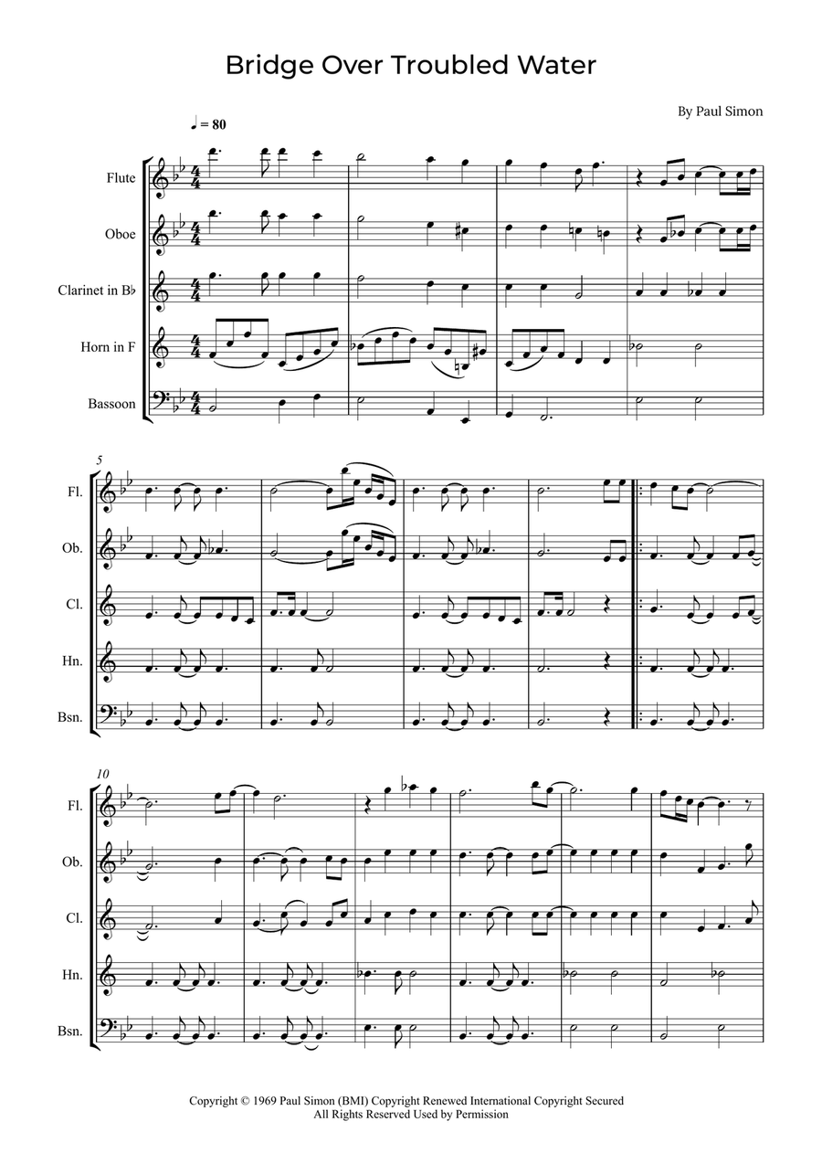 Bridge Over Troubled Water Woodwind Quintet scores gallery preview page 1