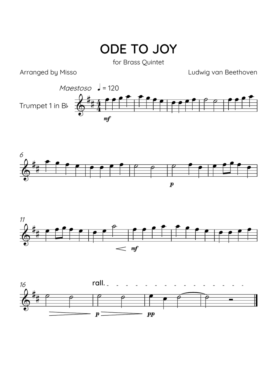 Ode To Joy - Brass Quintet in E Minor - Easy Level Brass Quintet scores gallery preview page 3