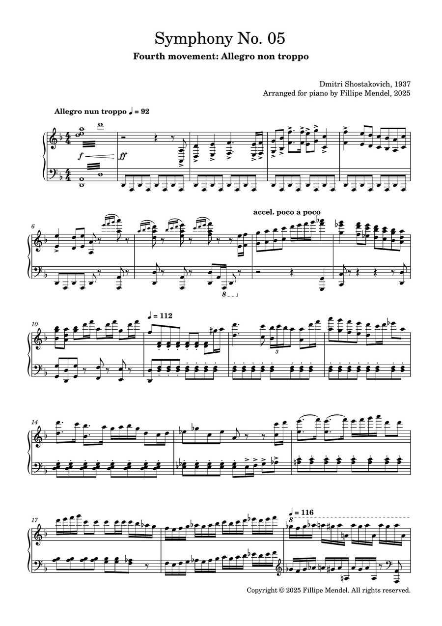 Shostakovich - Symphony No. 05 (Finale) for piano solo Piano Solo scores gallery preview page 1