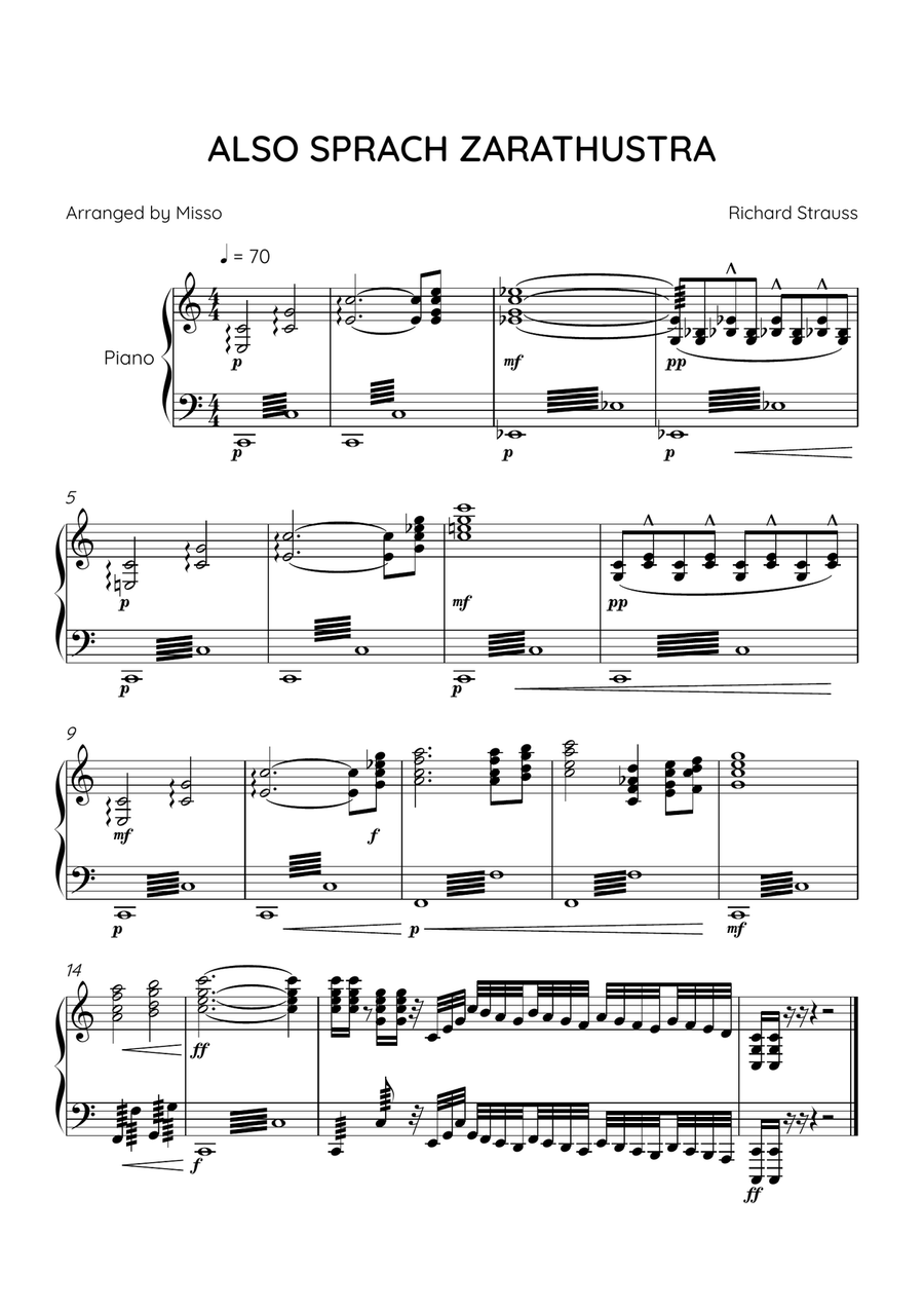ALSO SPRACH ZARATHUSTRA - Piano Solo in C Major - Advanced Level Piano Solo scores gallery preview page 1