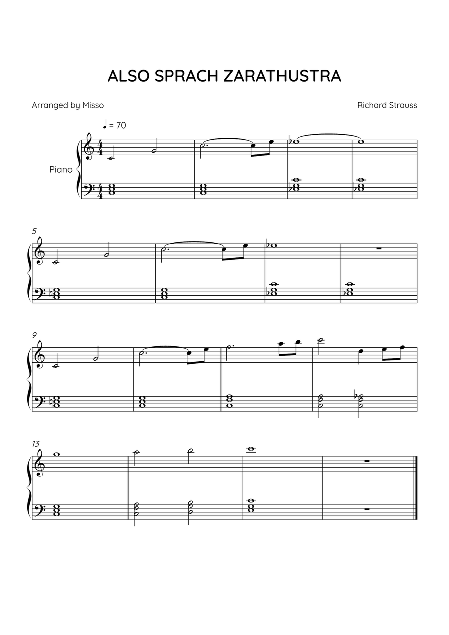 ALSO SPRACH ZARATHUSTRA - Piano Solo in C Major - Beginner Level Easy Piano scores gallery preview page 1