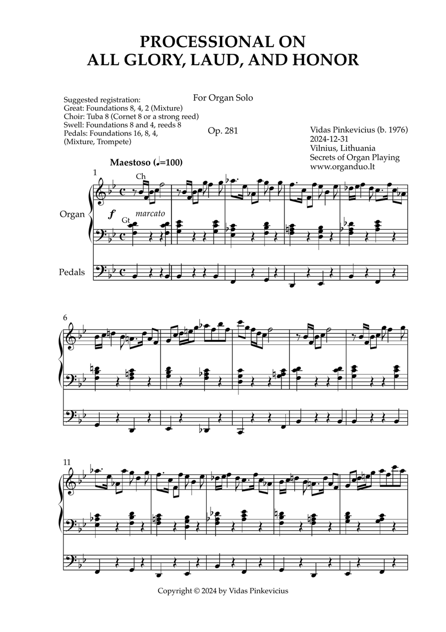 Processional on All Glory, Laud, and Honor, Op. 281 (Organ Solo) by Vidas Pinkevicius Organ Solo scores gallery preview page 1