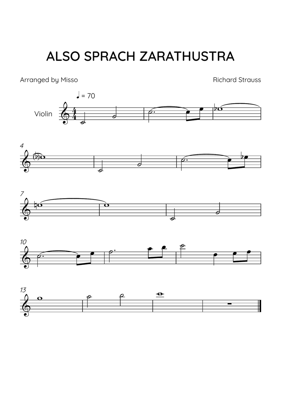 ALSO SPRACH ZARATHUSTRA - Violin Solo in C Major - Beginner Level Violin Solo scores gallery preview page 1