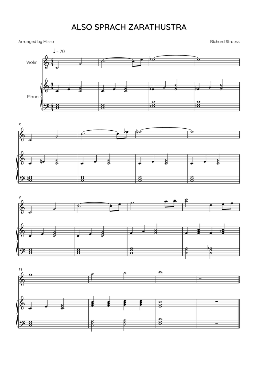 ALSO SPRACH ZARATHUSTRA - Violin and Piano in C Major - Beginner Level Violin Solo scores gallery preview page 1