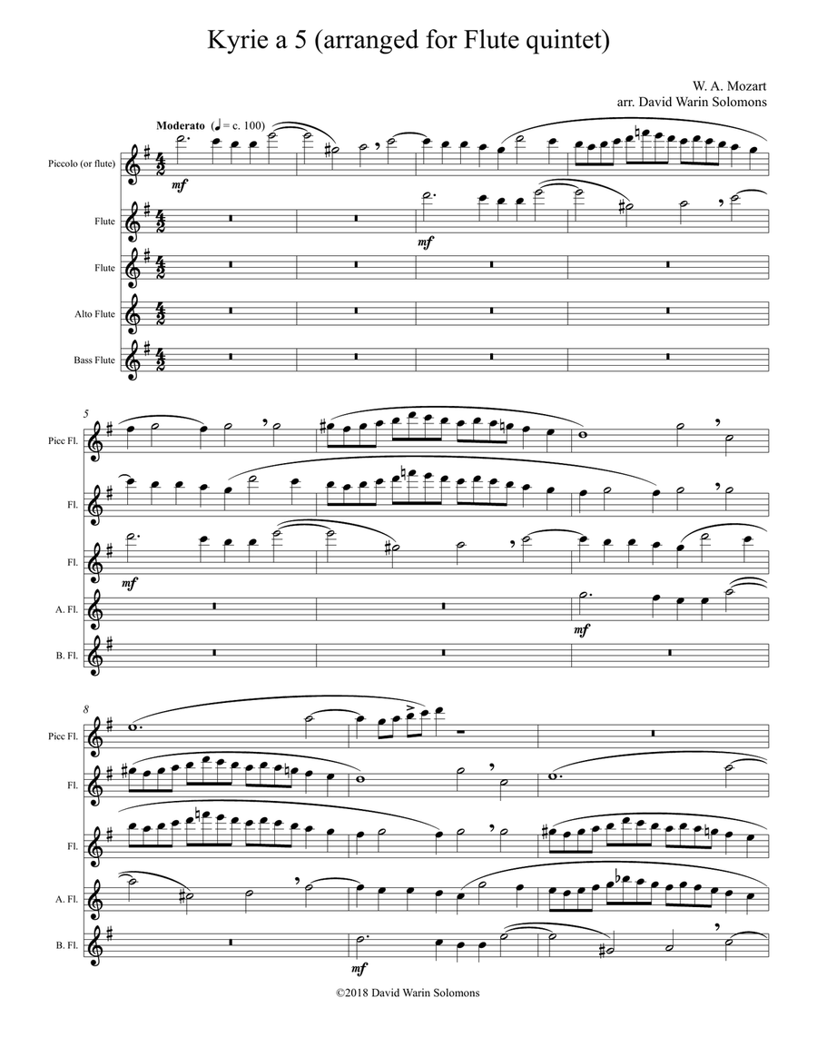 Kyrie canon by Mozart arranged for piccolo, 2 flutes, alto flute and bass flute Woodwind Quintet scores gallery preview page 1