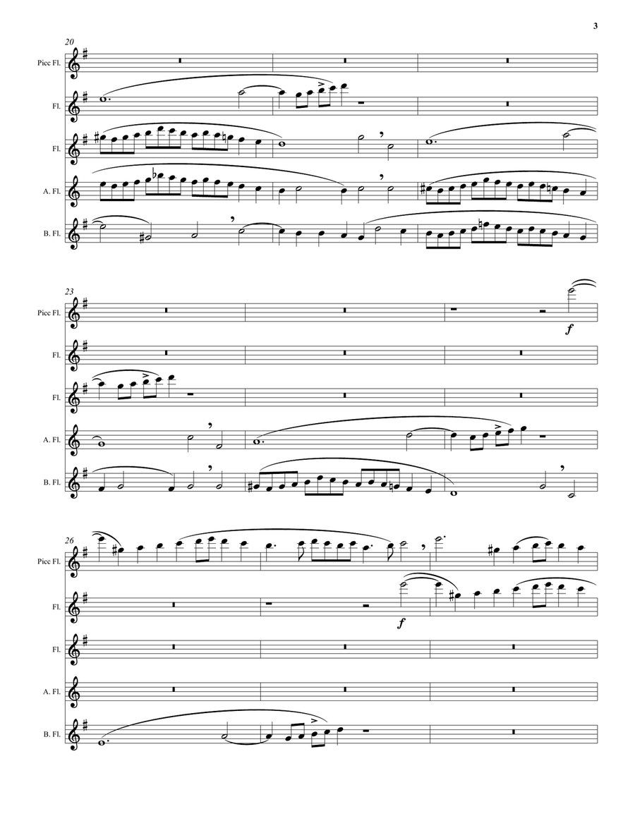 Kyrie canon by Mozart arranged for piccolo, 2 flutes, alto flute and bass flute Woodwind Quintet scores gallery preview page 3