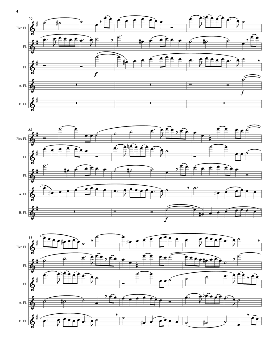 Kyrie canon by Mozart arranged for piccolo, 2 flutes, alto flute and bass flute Woodwind Quintet scores gallery preview page 4