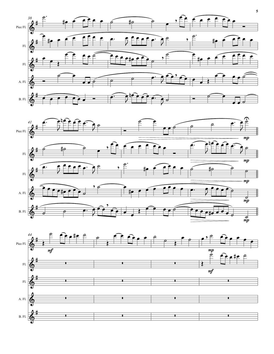 Kyrie canon by Mozart arranged for piccolo, 2 flutes, alto flute and bass flute Woodwind Quintet scores gallery preview page 5