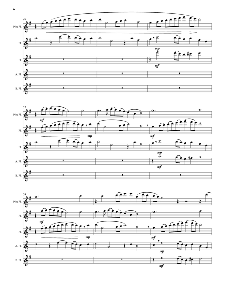Kyrie canon by Mozart arranged for piccolo, 2 flutes, alto flute and bass flute Woodwind Quintet scores gallery preview page 6