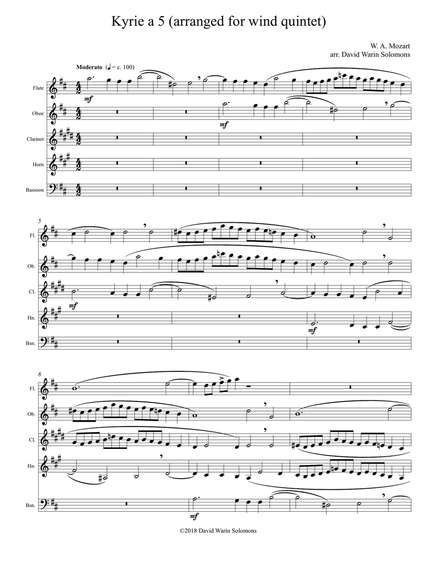 Kyrie canon by Mozart arranged for wind quintet Woodwind Quintet scores gallery preview page 1