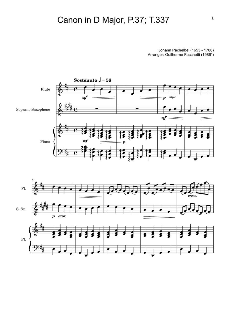 Canon in D Major, P.37; T.337. Flute, S. Sax and Piano. Score and Parts Woodwind Duet scores gallery preview page 1