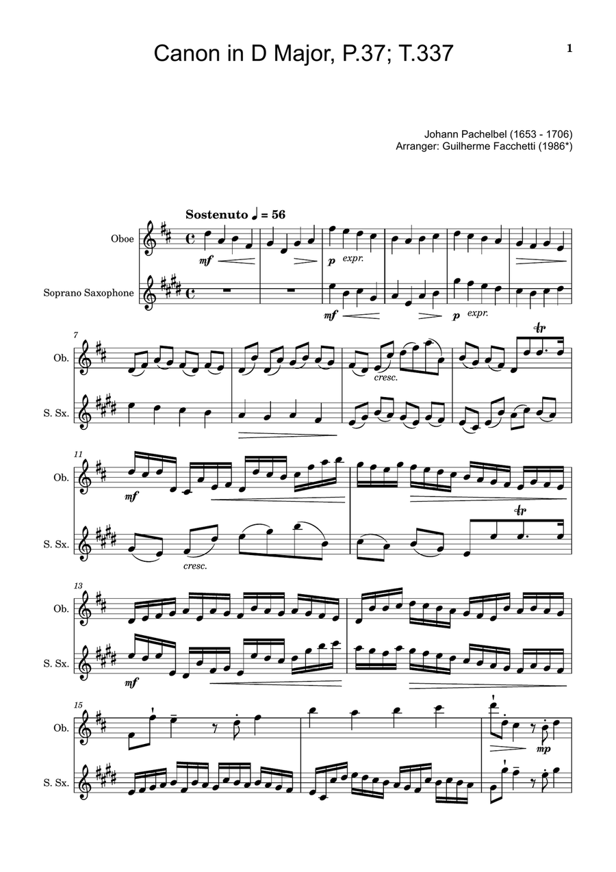 Canon in D Major, P.37; T.337. Oboe and S. Sax Woodwind Duet scores gallery preview page 1