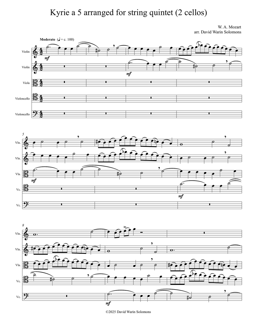 Kyrie canon by Mozart arranged for string quintet (with 2 cellos) String Quintet scores gallery preview page 1