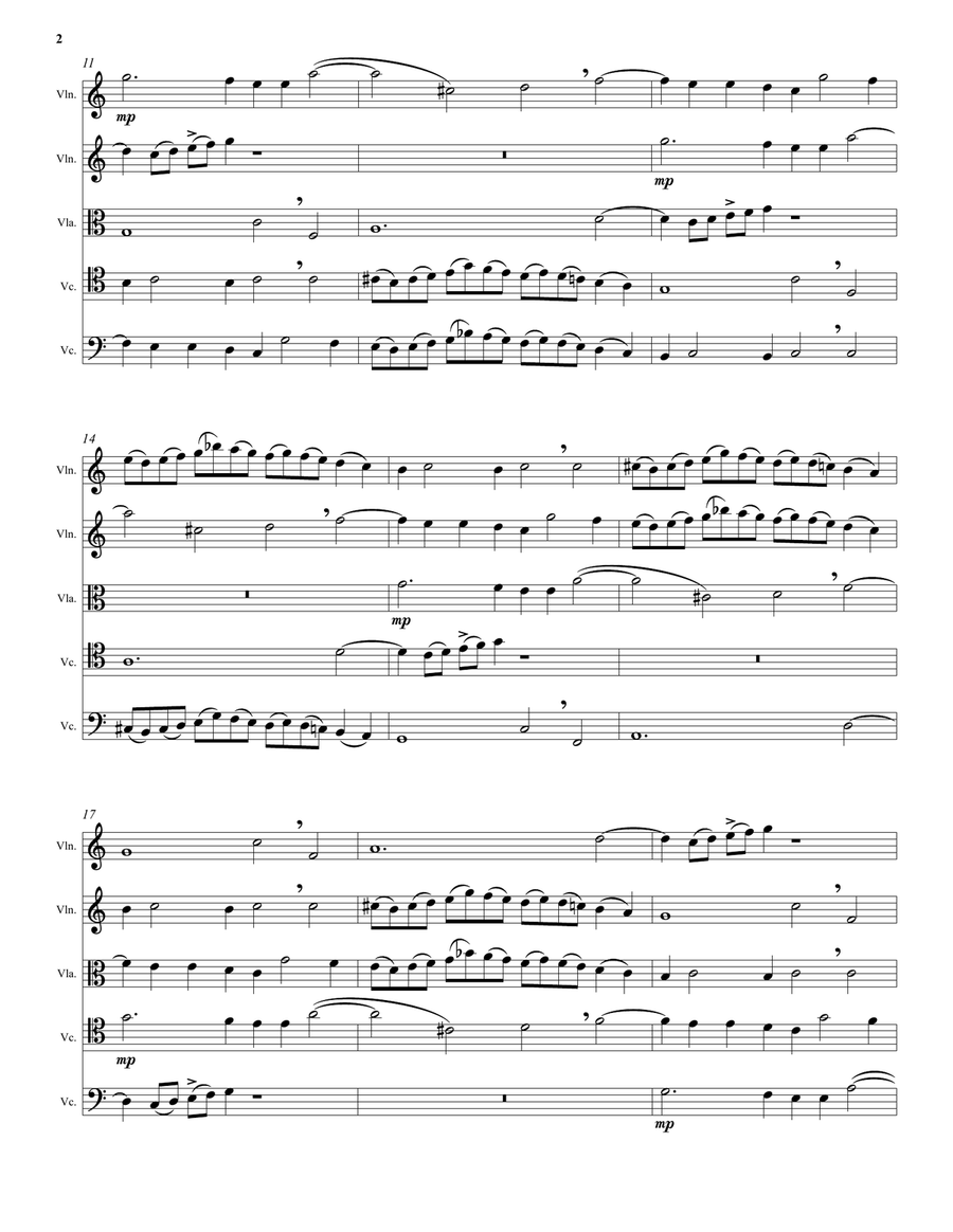Kyrie canon by Mozart arranged for string quintet (with 2 cellos) String Quintet scores gallery preview page 2