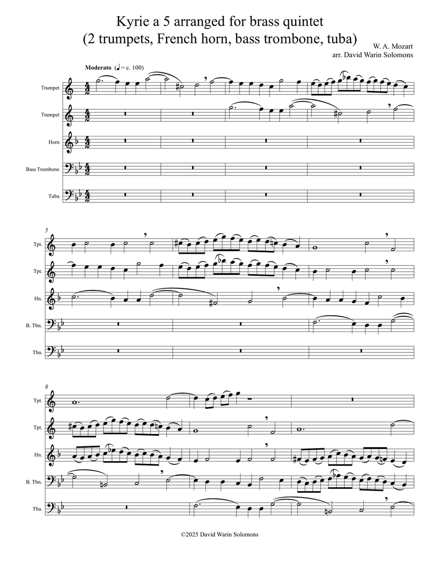 Kyrie canon by Mozart arranged for brass quintet (2 trumpets, horn, bass trombone, tuba) Brass Quintet scores gallery preview page 1